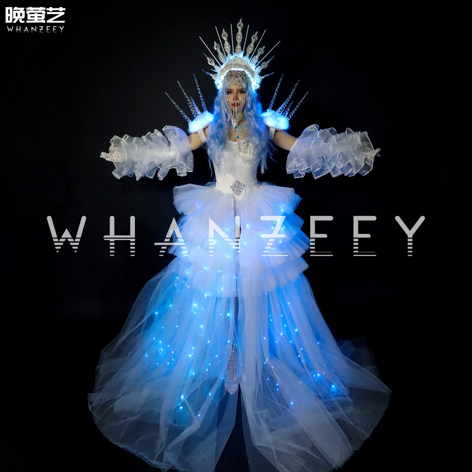 NEW Bar Gogo DJ Performance Fairy White Dress LED Blue Light Fluorescent Costume