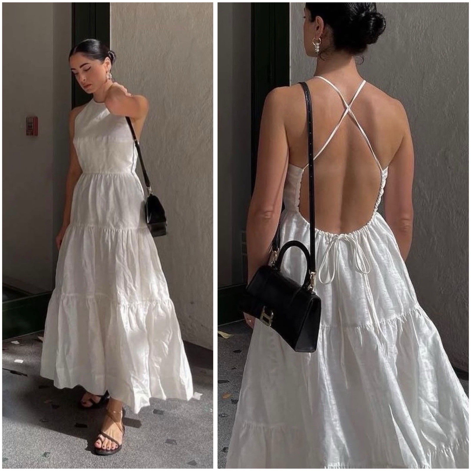 Shona Joy Maya Midi Dress Size AU 10/US 6 Backless Tie Halter Tiered White