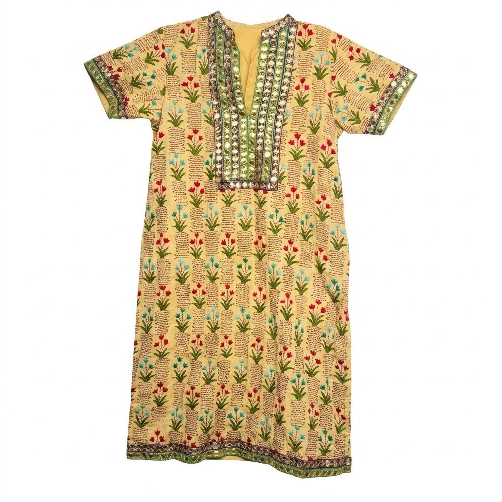 Indian Festival Boho Embroidered Cotton Tunic Dress Gold Yellow Women S/M