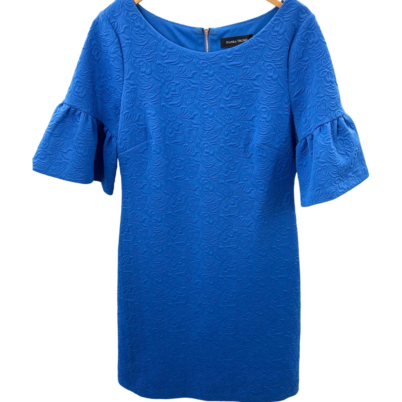 Ivanka Trump Bell Sleeve Shift Dress Royal Blue Jacquard Textured Size 8