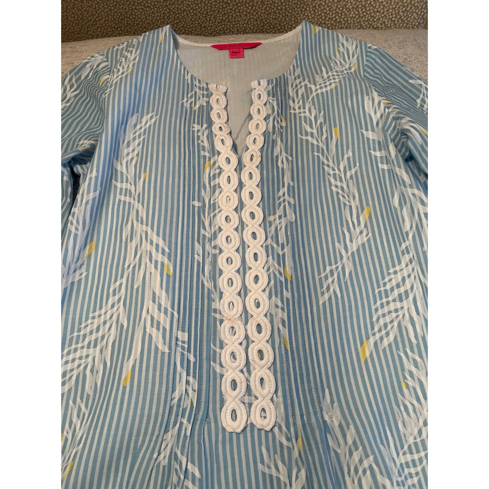 Lilly Pulitzer Blue White Striped Bell Sleeve Lace Trim Shift Dress Small