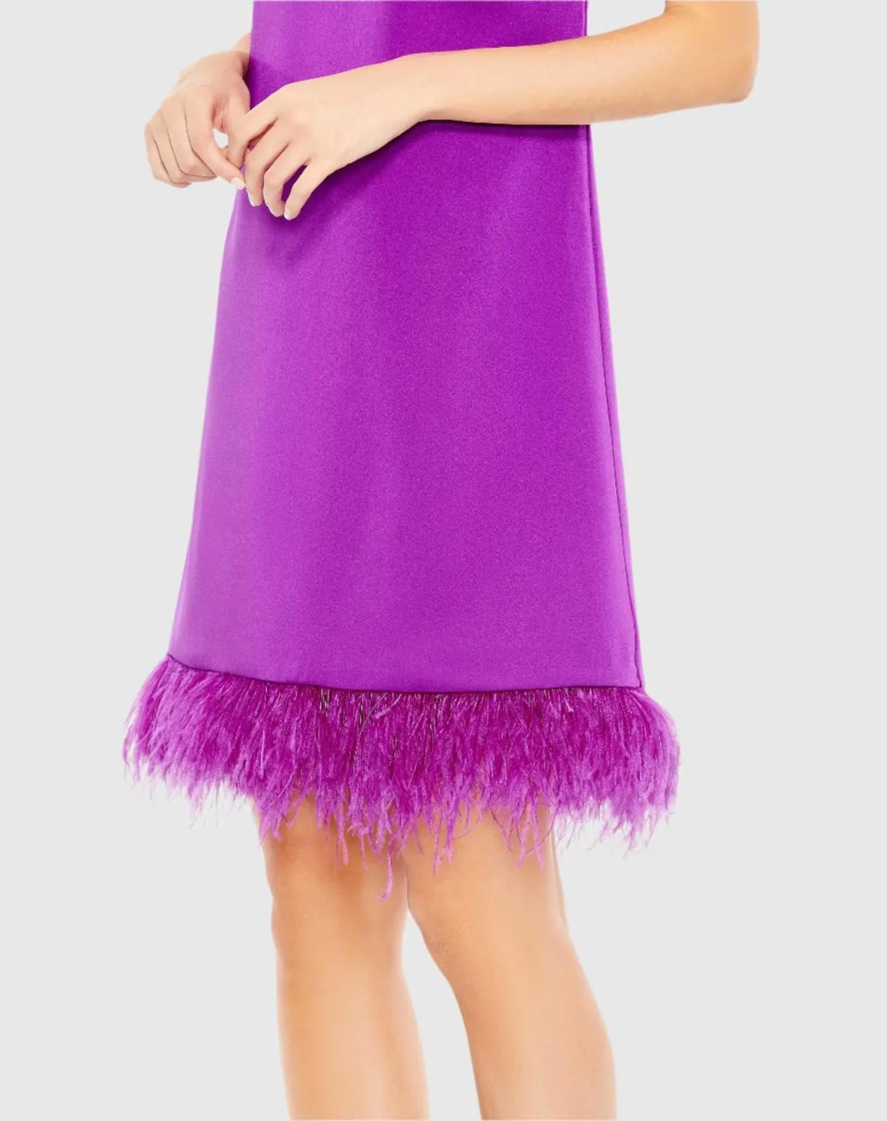 NWT Mac Duggal 55805 Purple Feather Hem High Neck Trapeze Dress Size 4