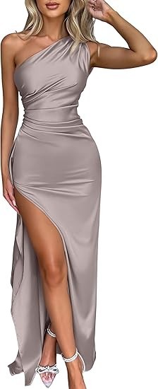Women’s Sexy One Shoulder High Split Cocktail Wedding Party Maxi Dress
