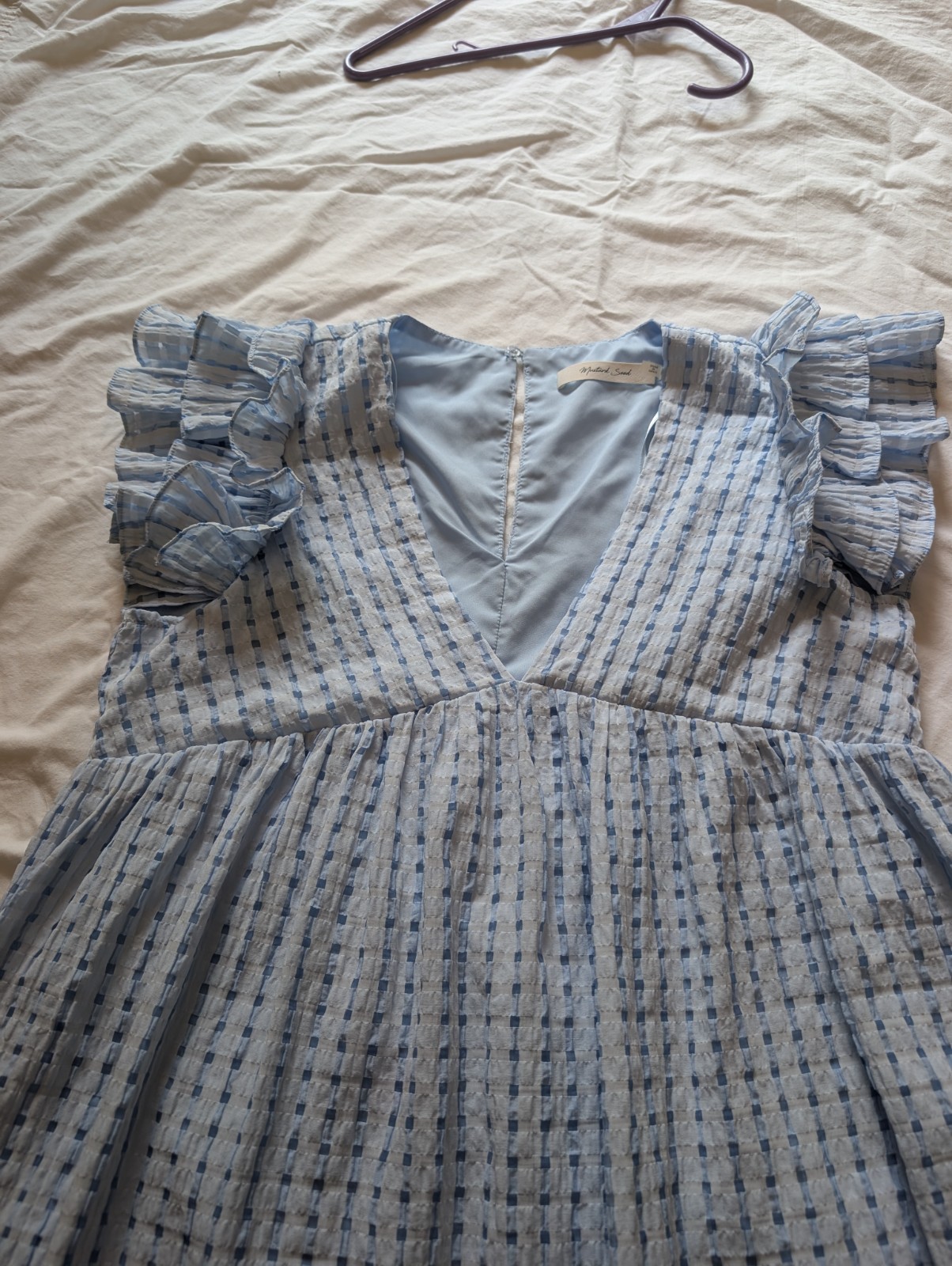 Blue – White Gingham plaid Check Flutter Sleeve Babydoll Mini V-Neck Dress