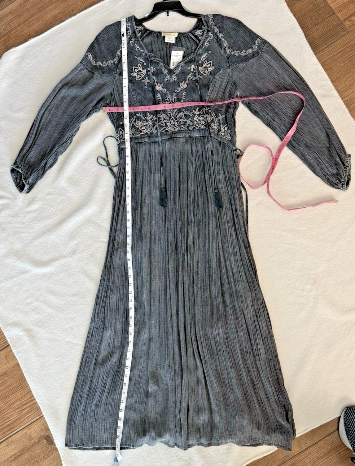 Sweet Magnolia Embellished Boho Prairie Beaded Maxi Dress Size Large Gray Teal