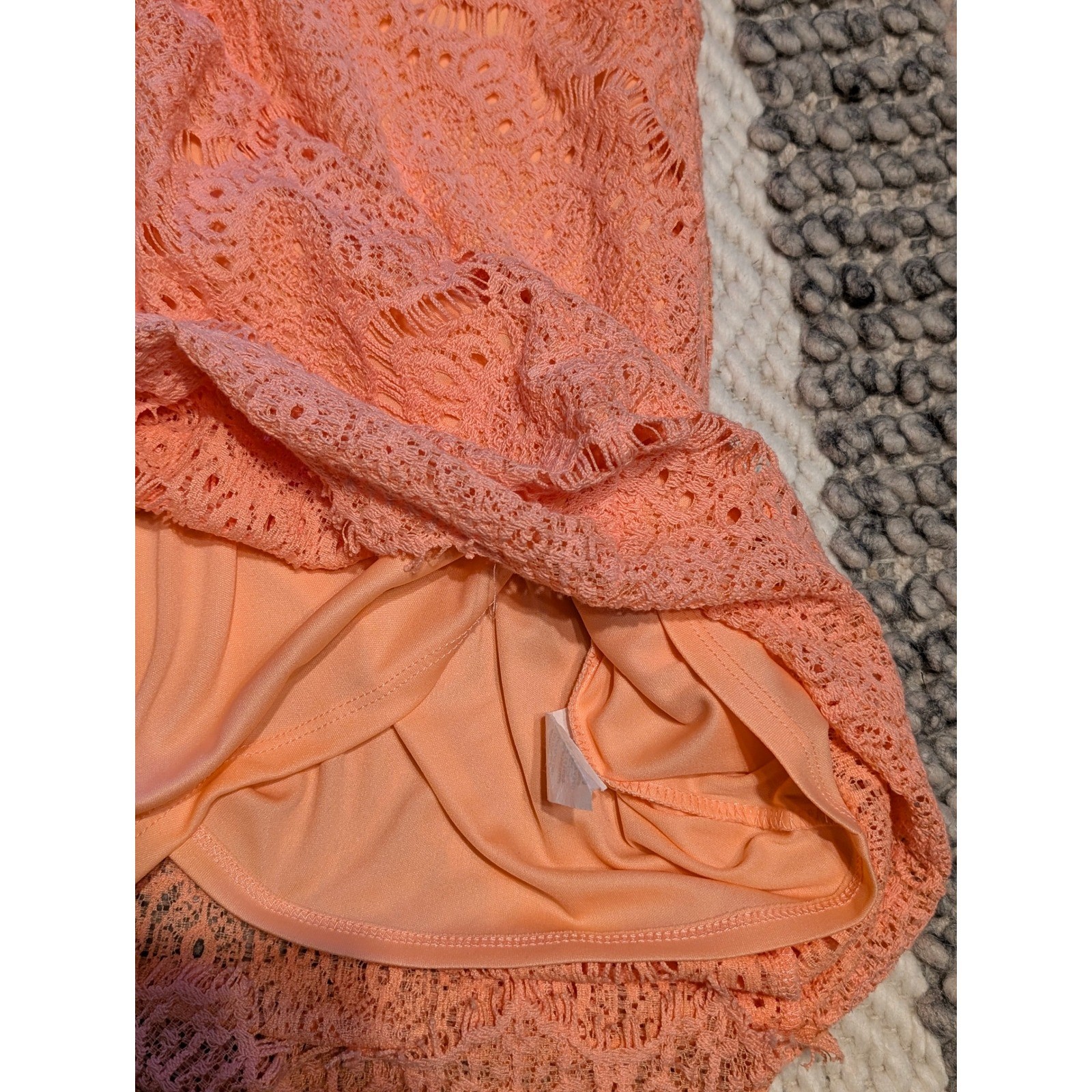 Dulcie Peach Lace Sheath Dress Cap Sleeve High Low Hem Coral Medium
