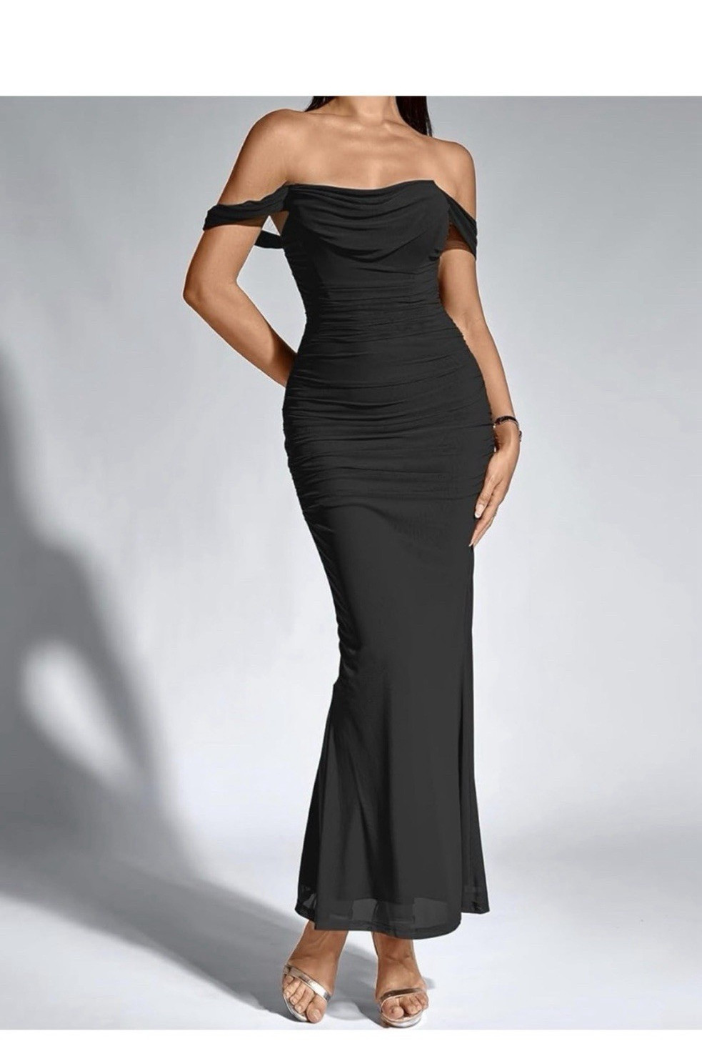 Black Ruched Off Shoulder Maxi Dress Sleeveless Jersey Zip Stretch Size L
