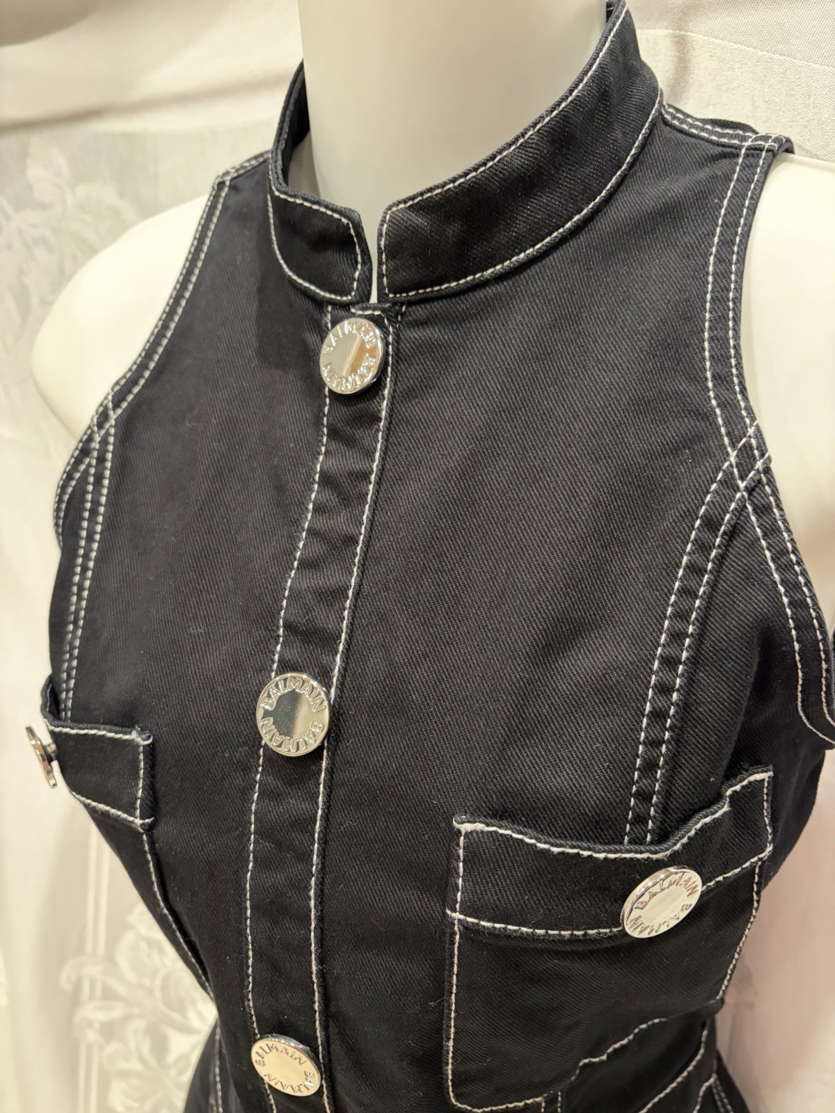 BALMAIN Black Stretch Denim Silver Logo Button Mini Dress 34 2 XS $1795 Current