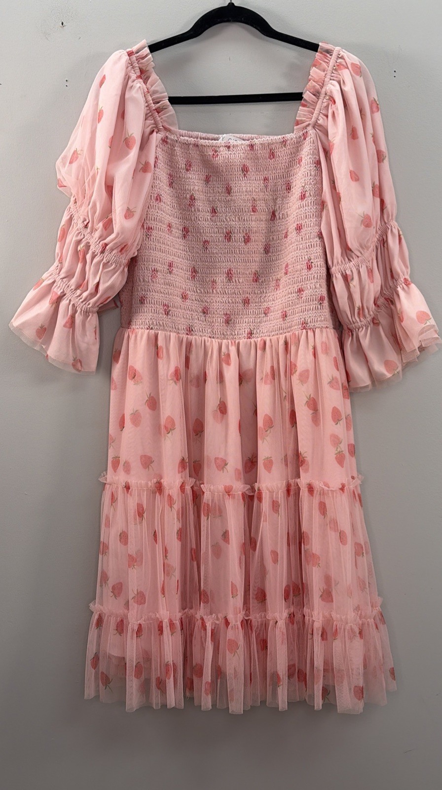 Ivy City Co Womens 2X Strawberry Print Floaty Tulle Tiered Dress Smocked Top
