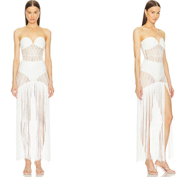 Michael Costello x REVOLVE Raelyn White Fringe Crochet Maxi Dress Sz L Resort