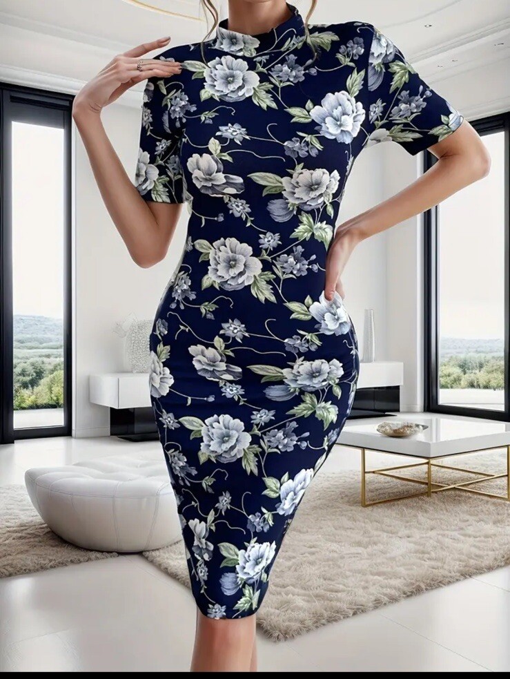 Blue Floral Bodycon Above The Knee Dress Mock Neck XL US 12 New Free Ship