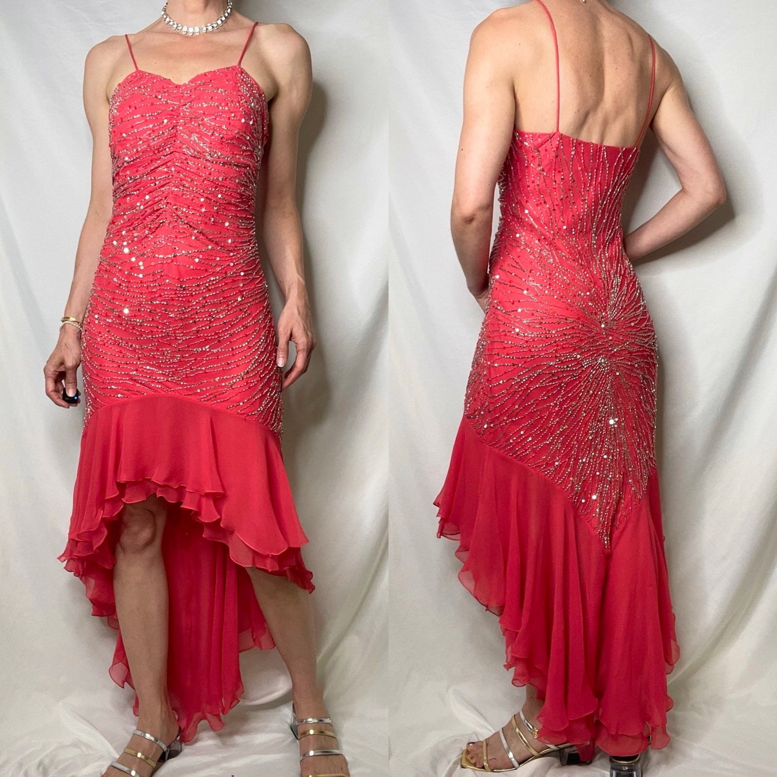 Scala coral pink 100% silk ruffle hem slip dress gown prom beaded sequin formal