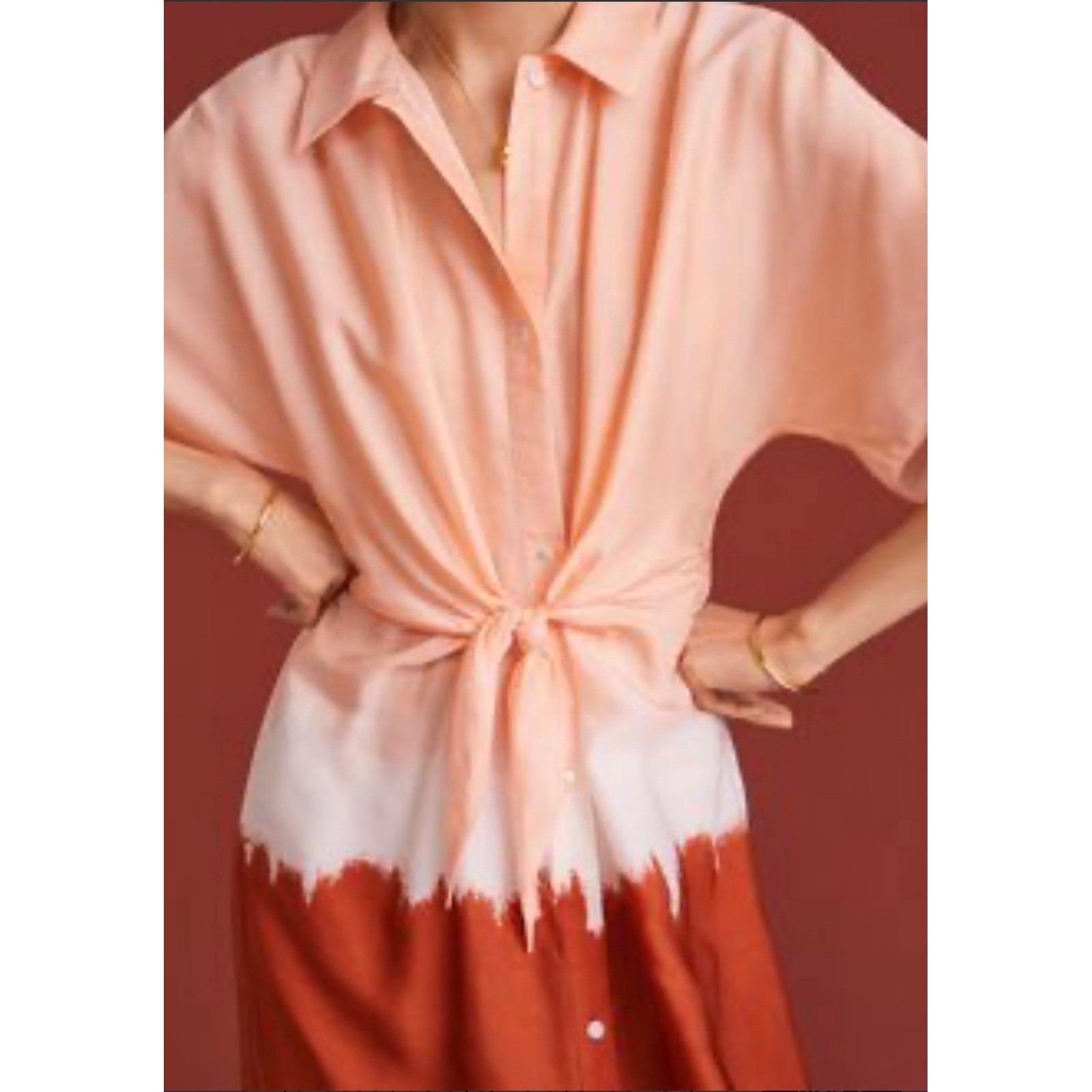 Anthropologie Mango Tie-Front Dip-Dye Midi Shirt Dress Peach Orange Rust Ombre