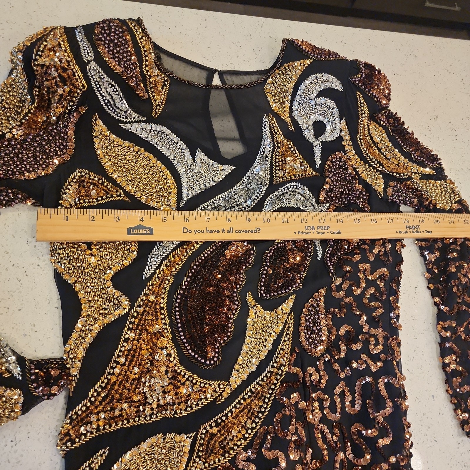 Shomax Originals Sequin Beaded Formal Silk Gown M Black Gold Long Sleeve Fringe