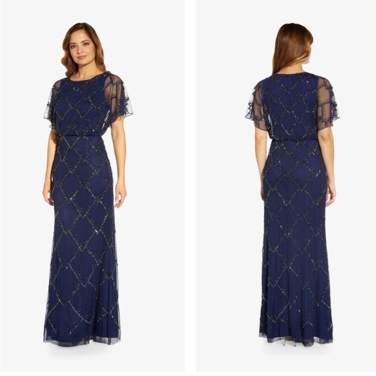NWT Adrianna Papell | Hand Beaded Blouson Long Gown Flutter Sleeves Navy Blue 2
