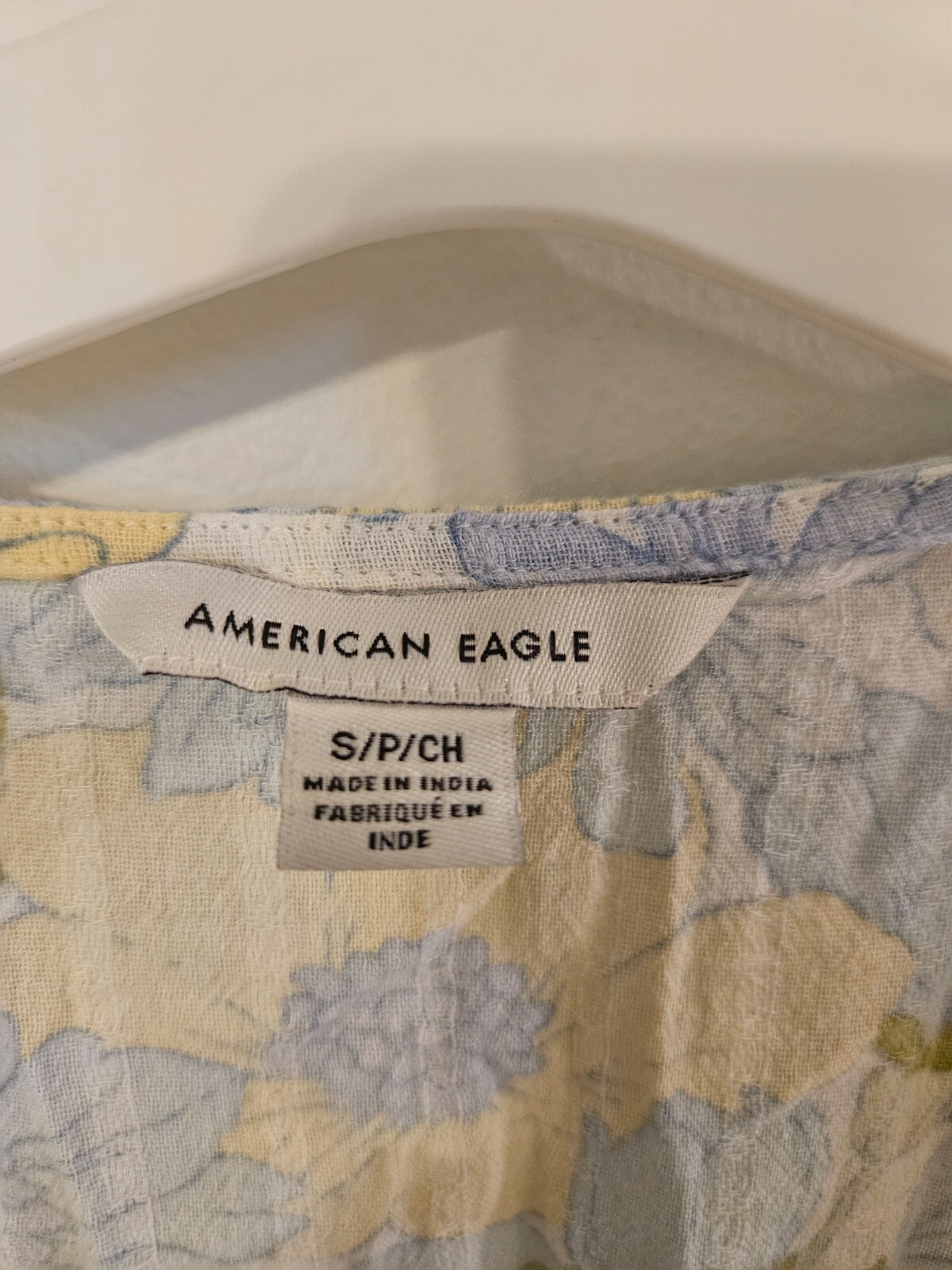 American Eagle White, Yellow, and Blue Short Sleeve Mini Dress with Tie S