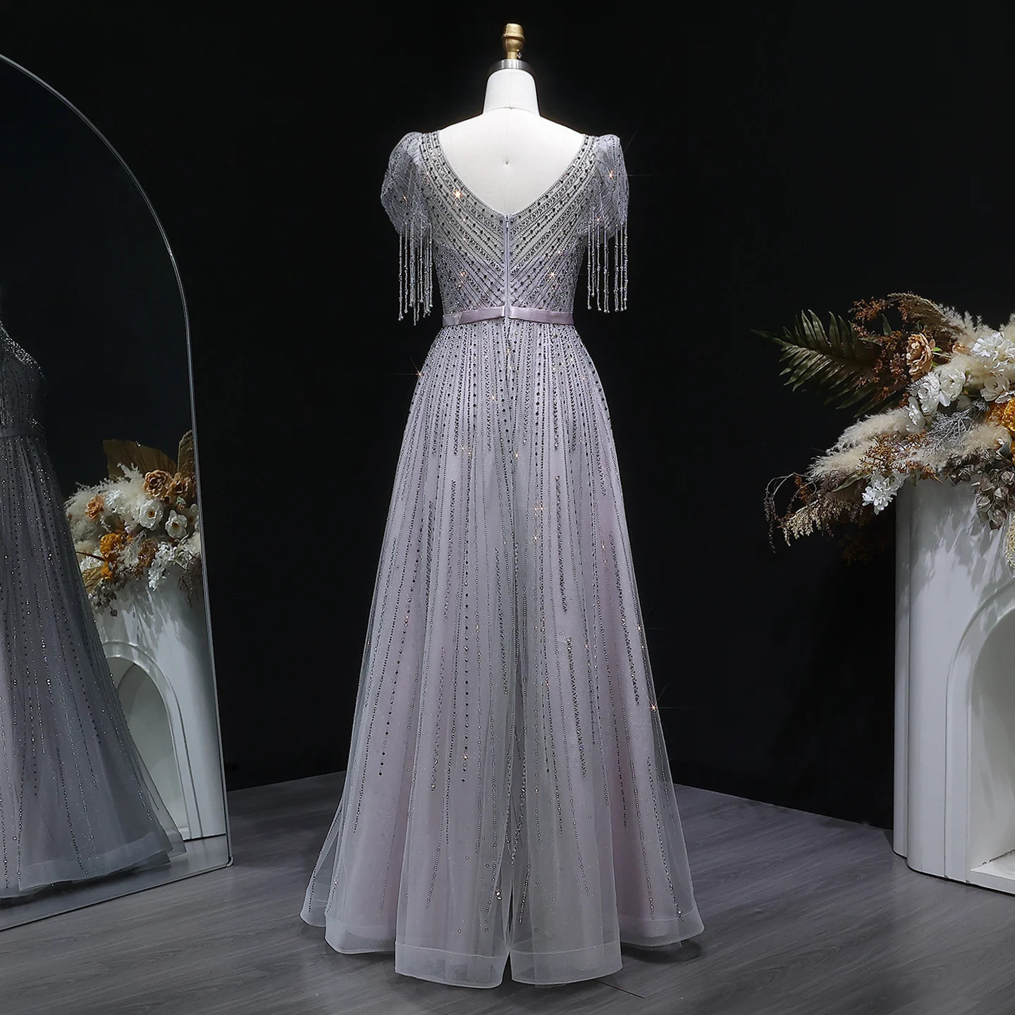 Luxury Beaded Evening Dress with Bubble Sleeves A-line Dubai Prom Lace Ball Gown