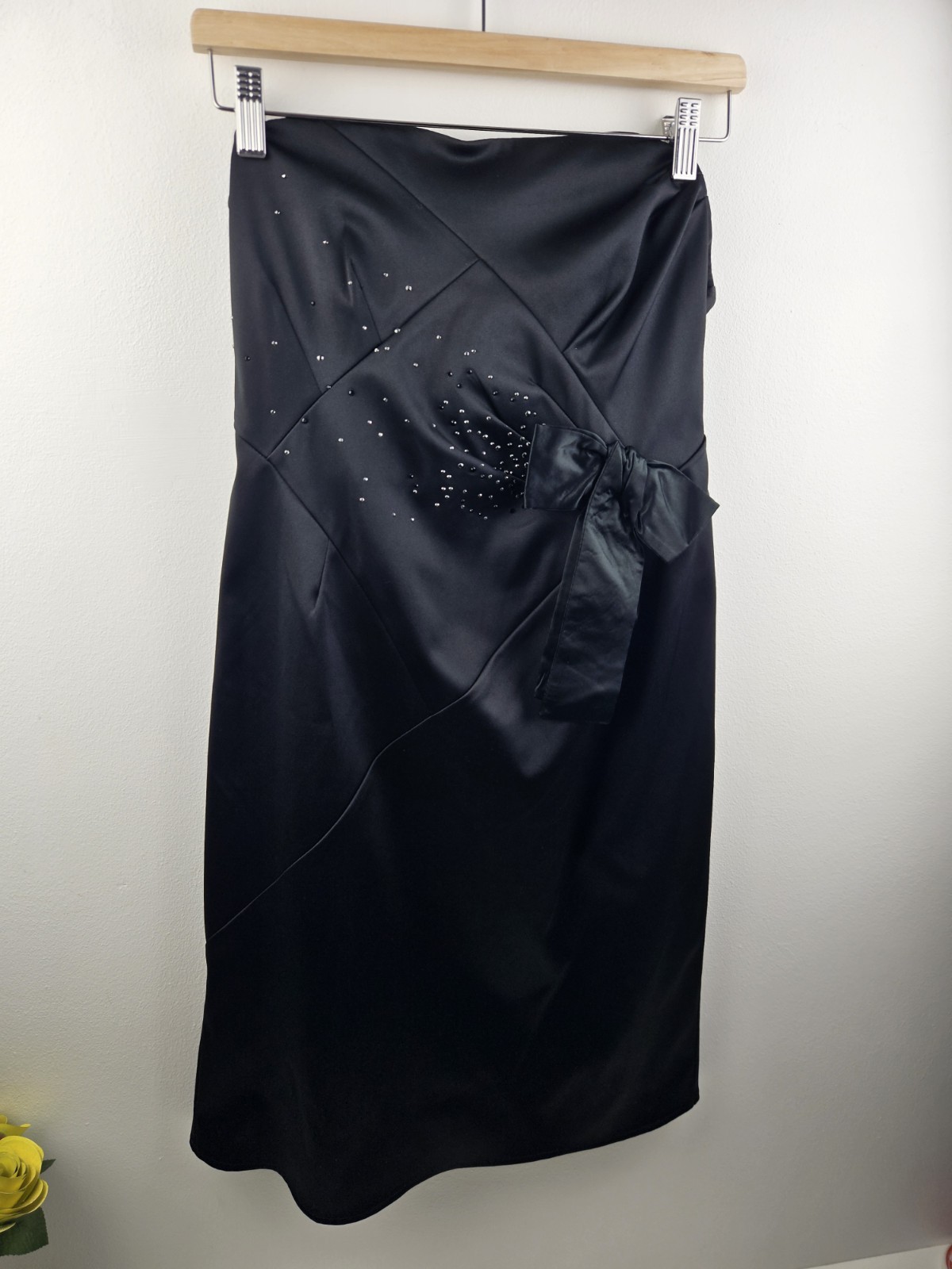 Black Strapless Dress Mini Beaded Diamante Embellished Satin Bow Party