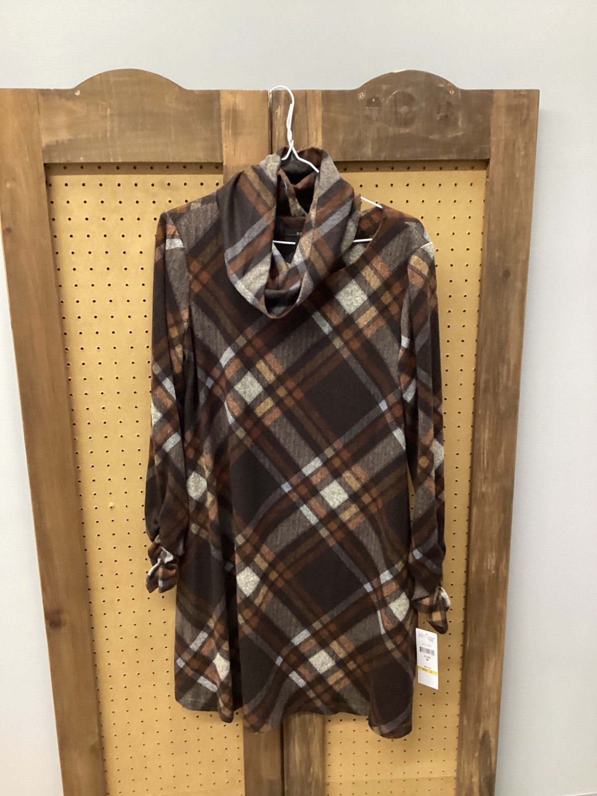 R&K Womens Brown/Taupe Plaid Longsleeve Fall/Winter Dress with Scarf – Sz M NWT