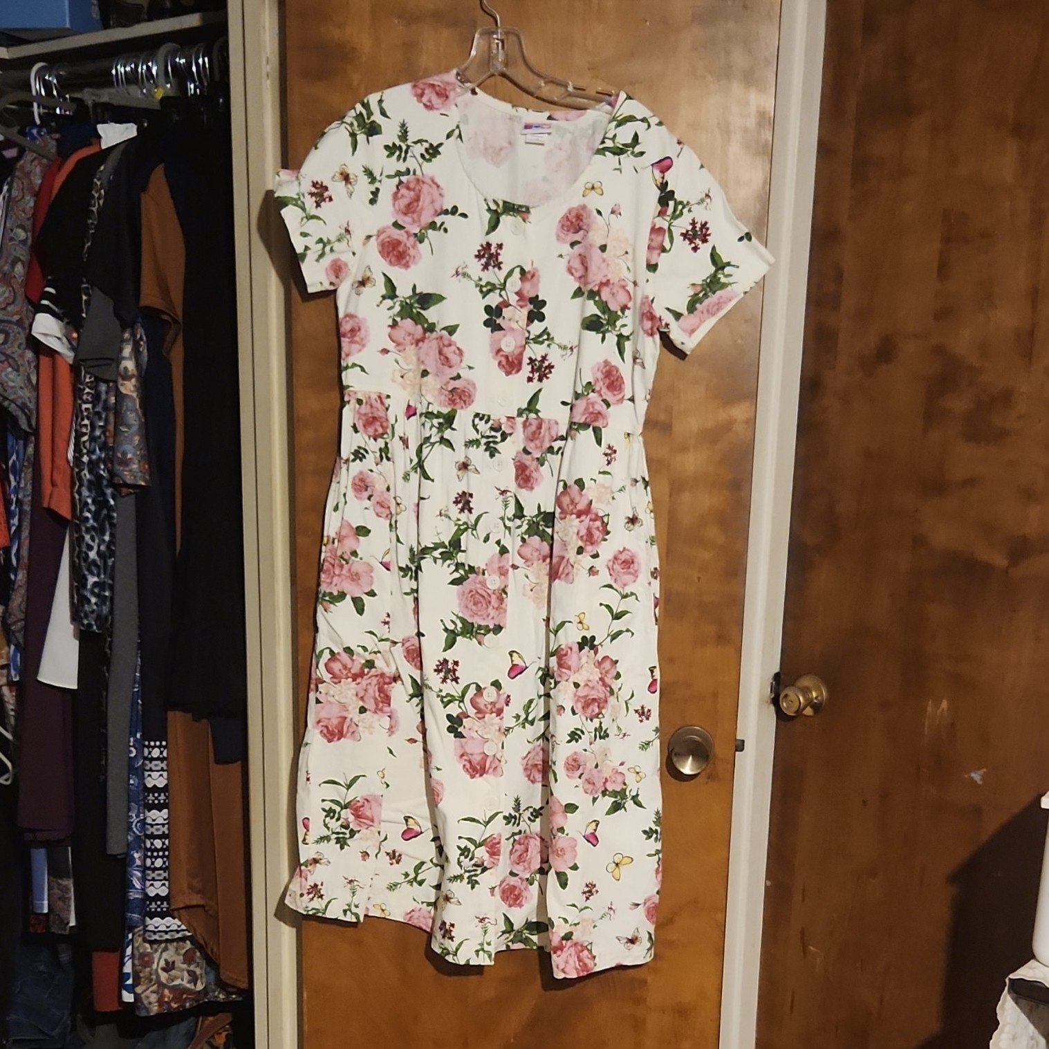 American Sweetheart Floral A-Line Button Front Round Neck Midi Dress PM Petite