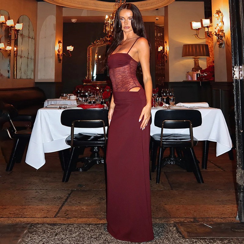 Y2K Lace Suspender Dress Fashion Sexy Lace Long Dresses Party Evening Club Beach