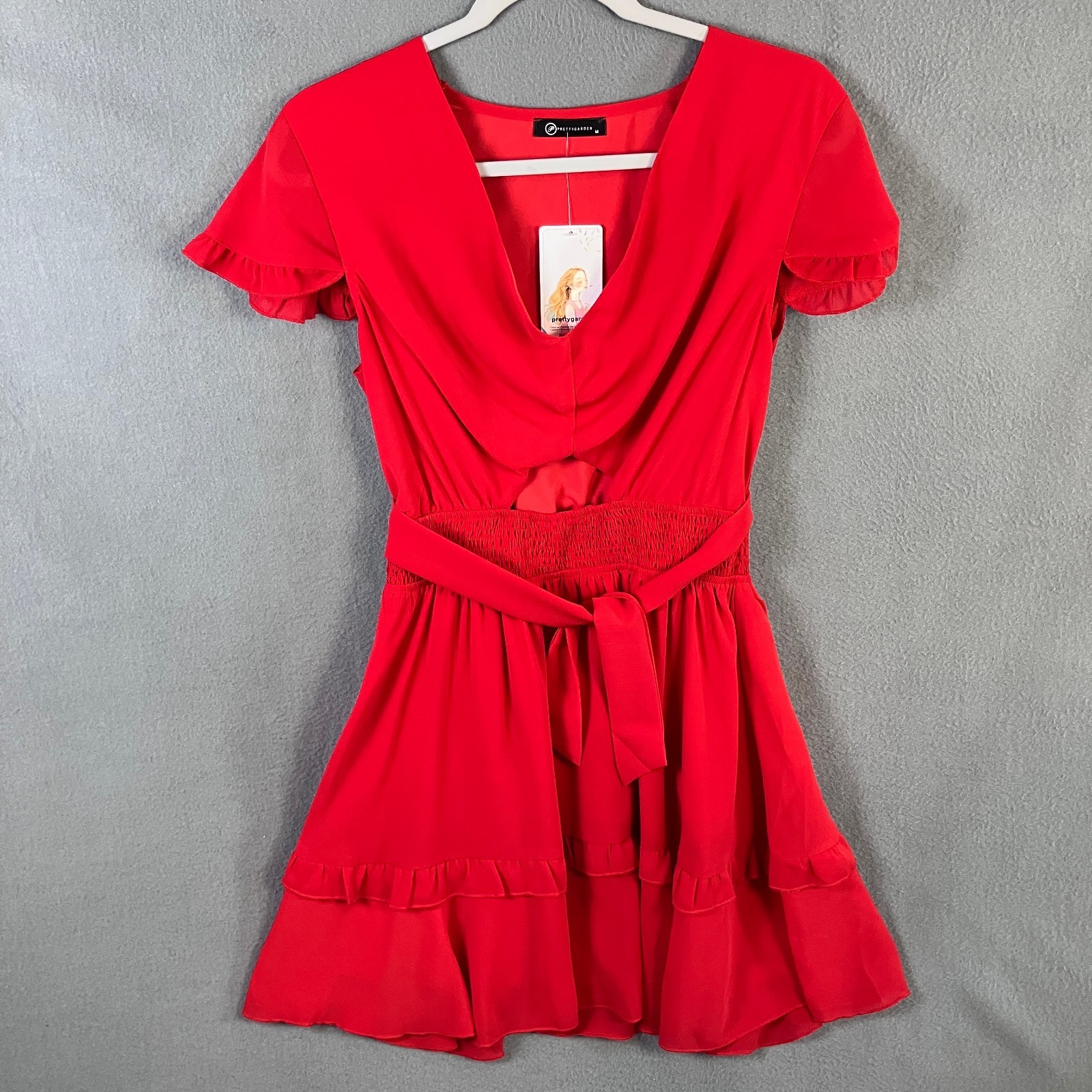 Prettygarden Women’s Midriff Cutoff Mini Dress Size M Red Smocked Waist NWT