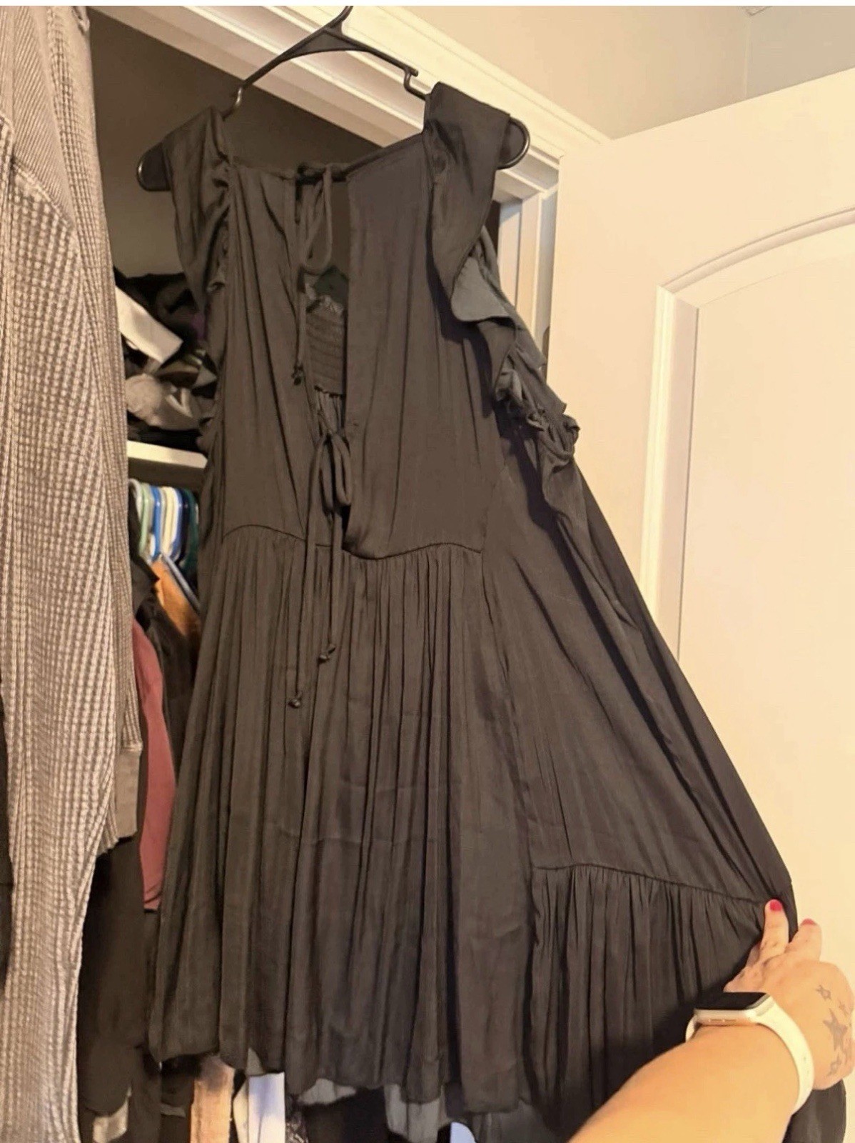 FreePeople EMERALD( DARK )/Black Waist Ruffle Long Maxi Dress,XL ties in back