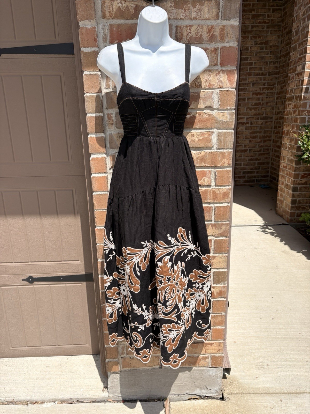 Anthropologie Black Appliqué Midi Maxi Dress with Tan Floral Embroidery size XXS