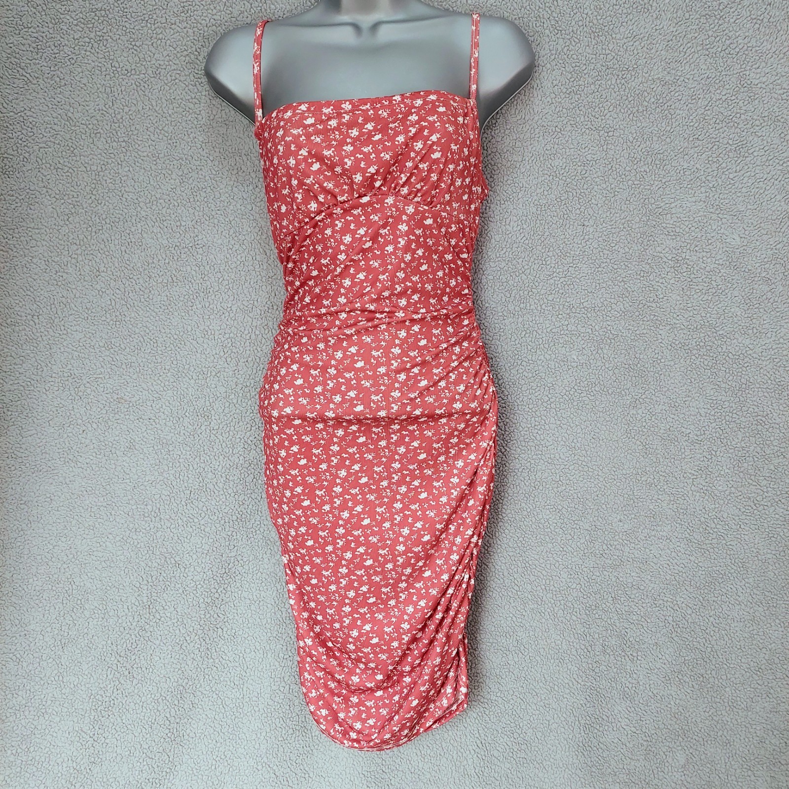 Ladies Size S Red White Floral Ruched Strappy Ribbed Stretch Midi Bodycon Dress