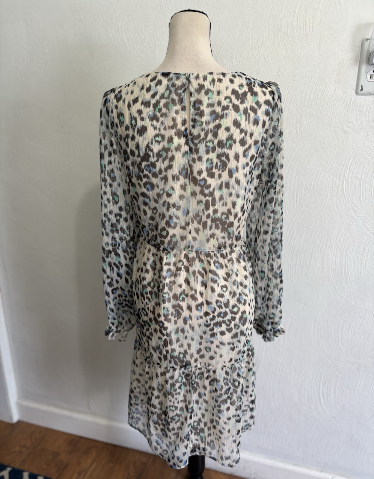 Ann Taylor Loft Shift Dress Gray Blue Green Animal Print Lined Lightweight Large