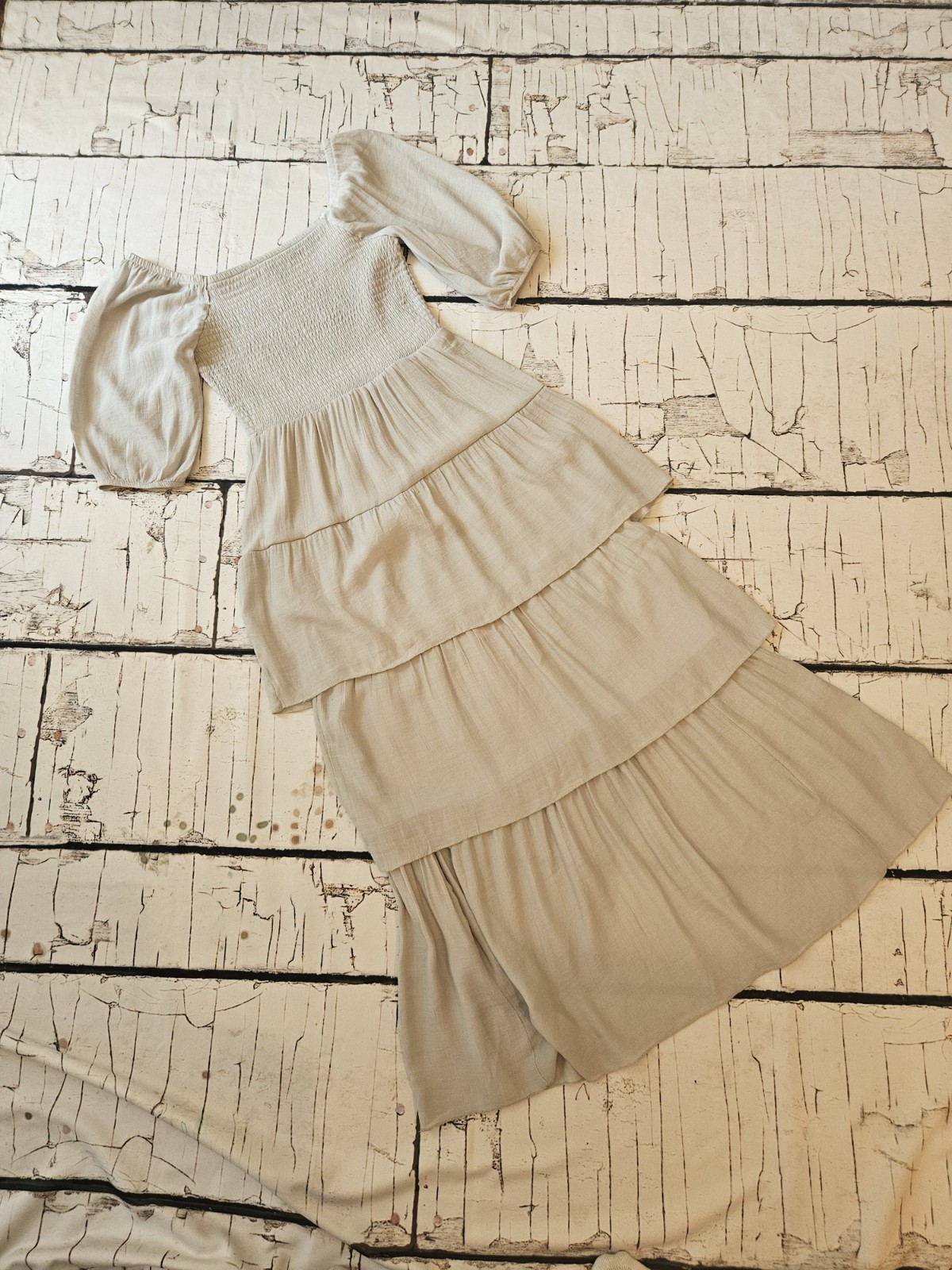 J Gee Womens Boho Cottage Milkmaid Smocked Tiered Maxi Dress Taupe Greige Small