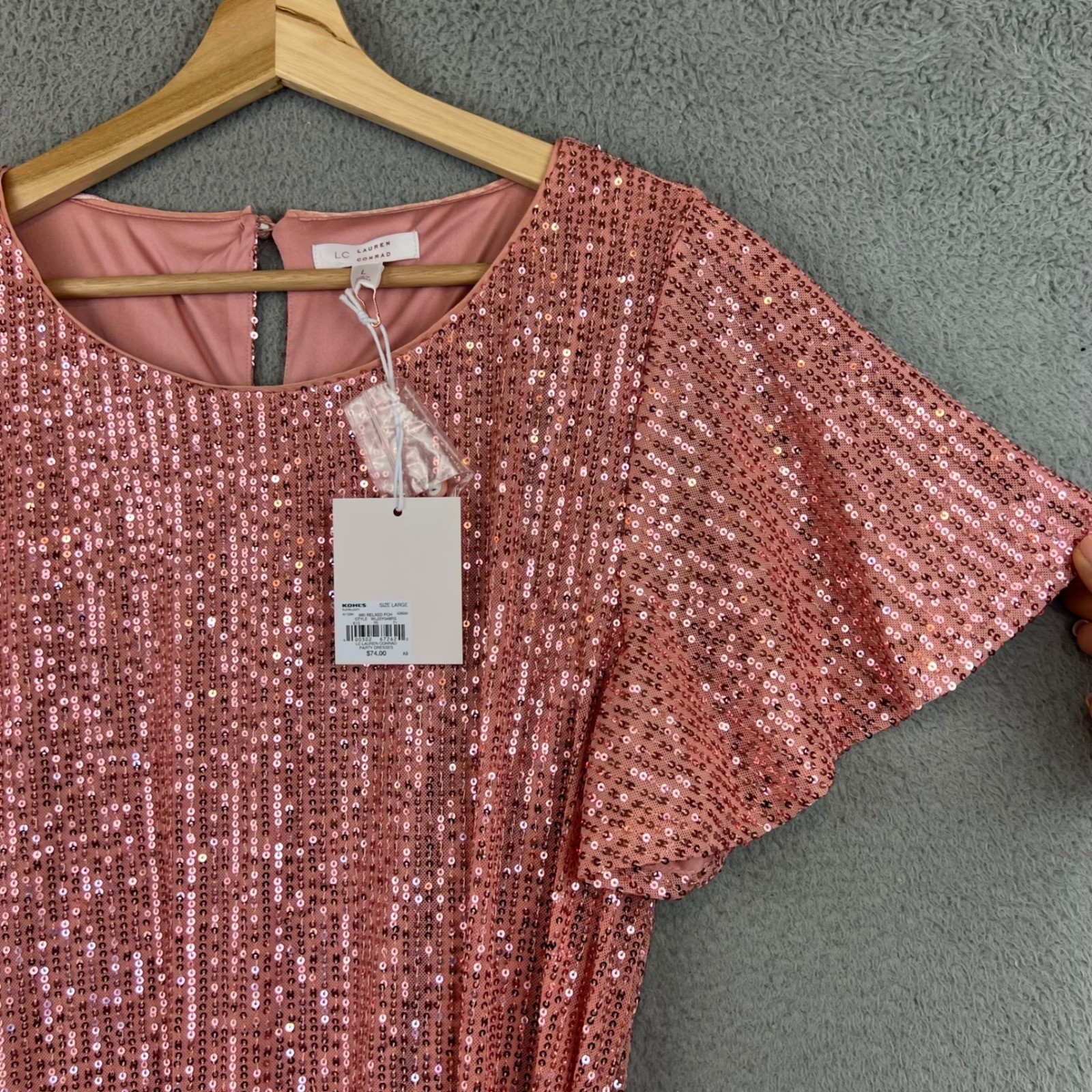 LC Lauren Conrad Pink Peach Sequin Flutter Sleeve Mini Party Dress Large NEW