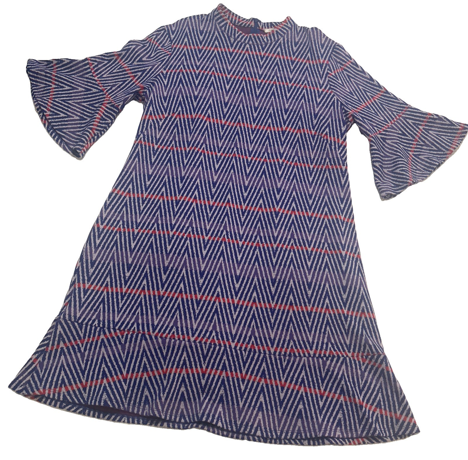 TYLER BOE Size Large MINDY Blue Red Chevron Jacquard Flare Sleeve Dress Boho