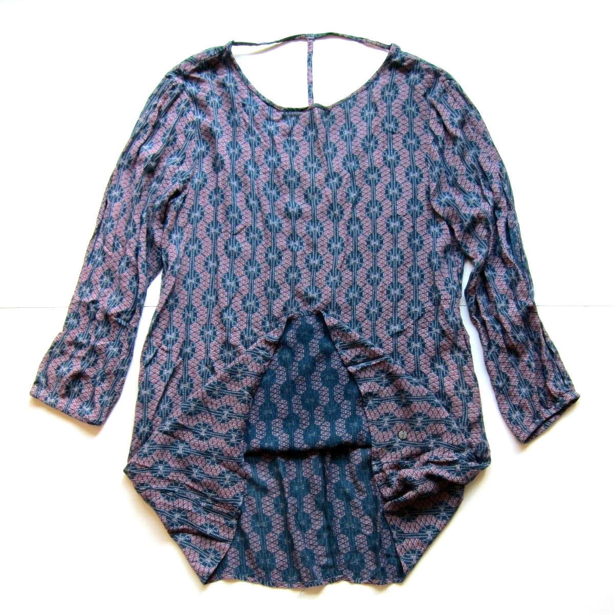 ROXY 100% Rayon Blue Green Pink Geometric Pocket Long Sleeve Tunic Shift Dress L