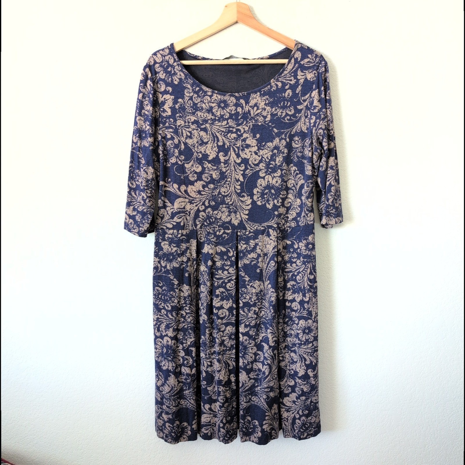 Peruvian Connection Navy Blue Tan Damask Floral 3/4 Sleeve Midi Dress Large