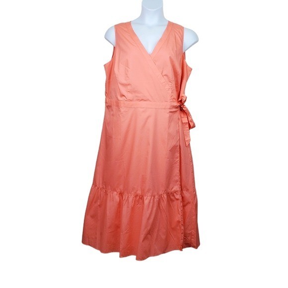 Talbots Sleeveless Peachy Orange V-Neck Poplin Wrap Midi Dress Size 14W NWT