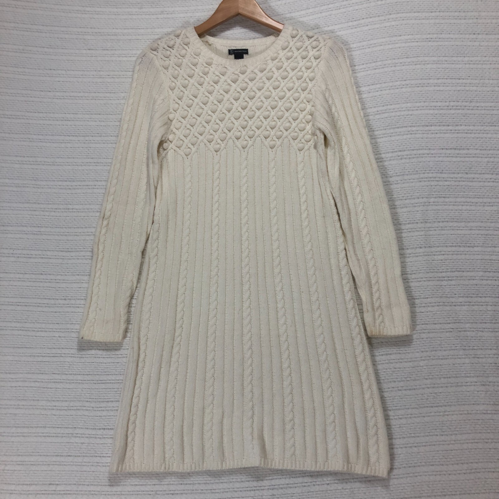 New Directions Cream Cable Knit Pom Pom Bobble Sweater Dress Small Ivory Mini
