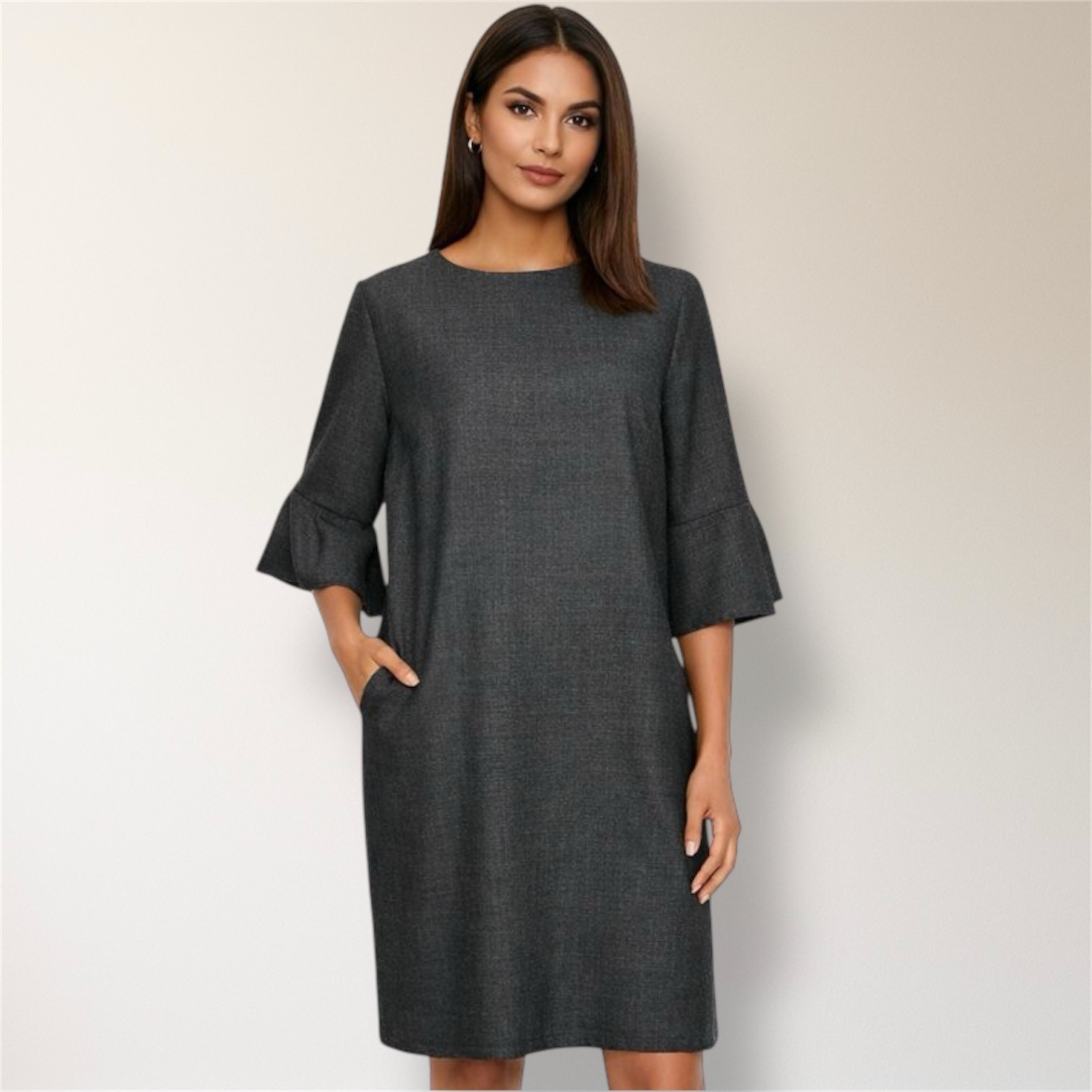 New Pendleton S Gray Virgin Wool Midi Dress Bell Sleeve Pockets Preppy Office