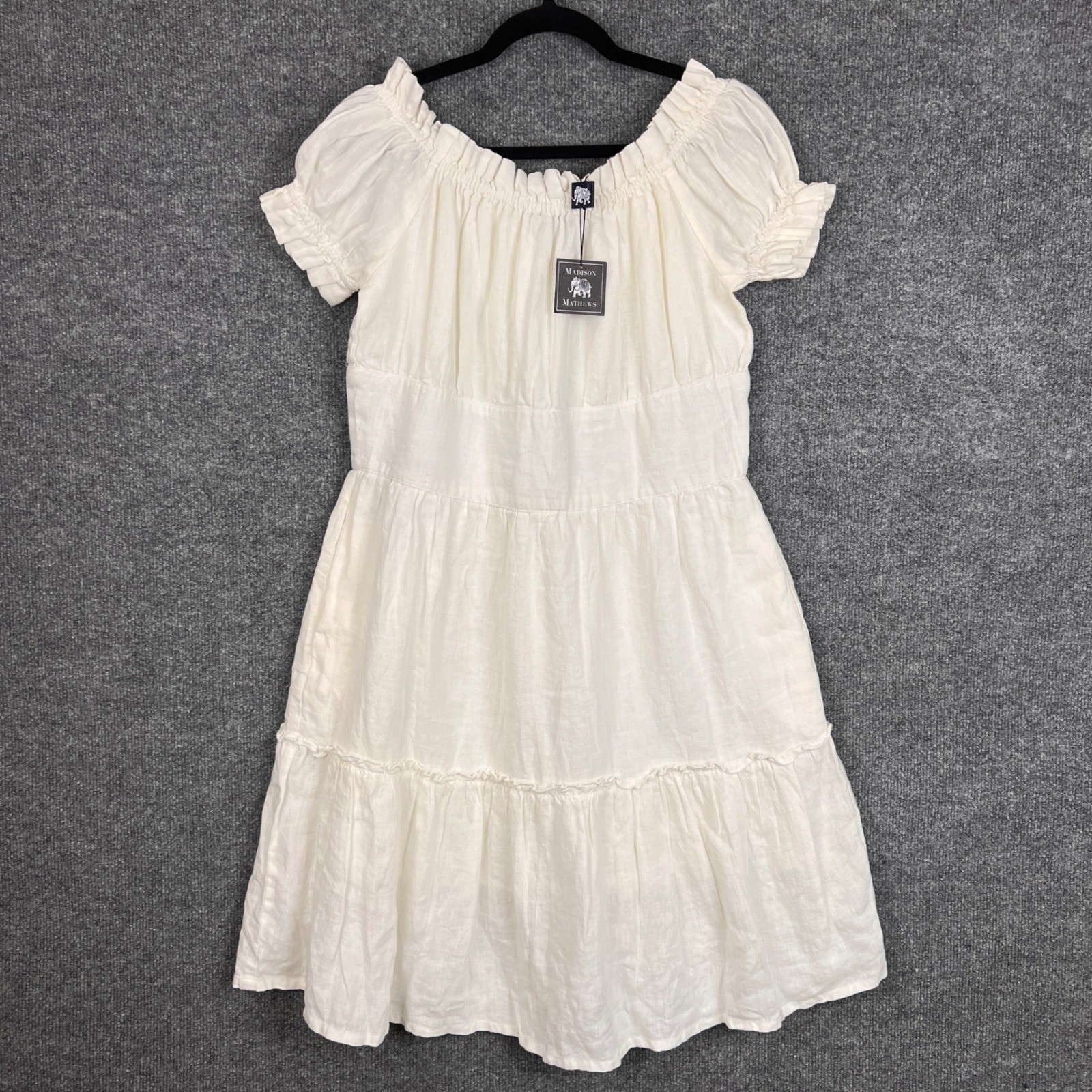 New Madison Mathews 100% Linen Women XL Off Shoulder Ruffle Dress White