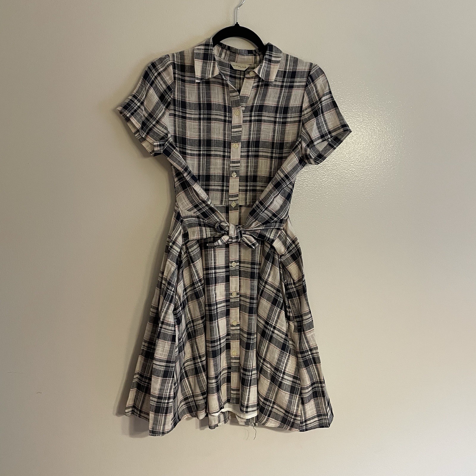 11 1 Tylho Anthropologie Women XS Plaid Western Preppy Tie Front Shirt Dress NWT