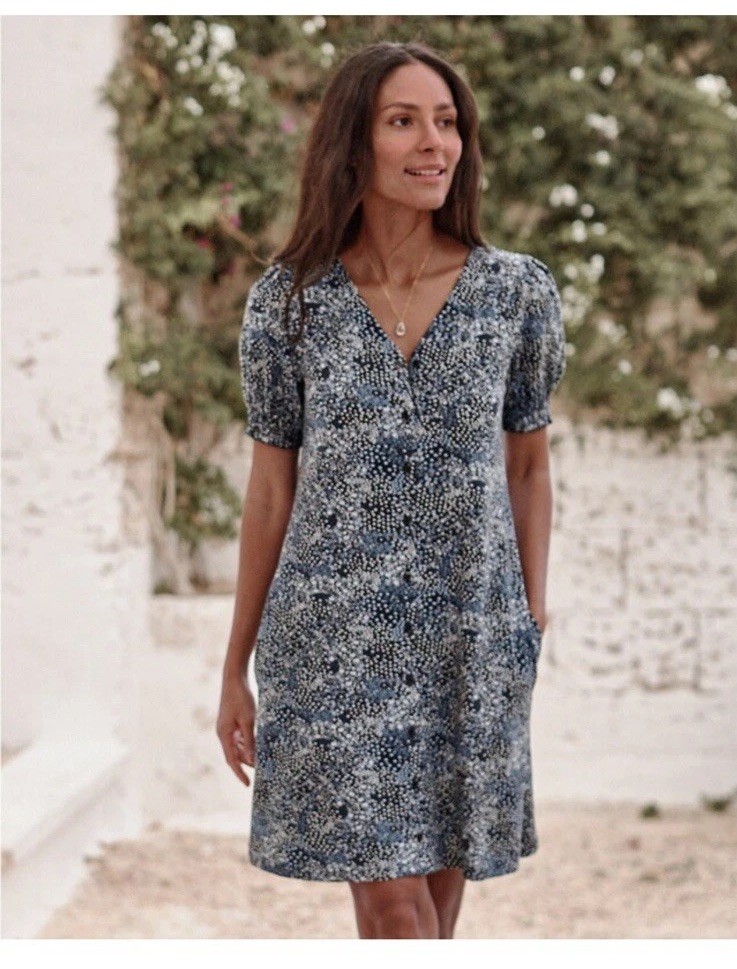Garnet Hill Solarium Puff Sleeve Floral Mini Dress M Pockets Stretch Cottagecore