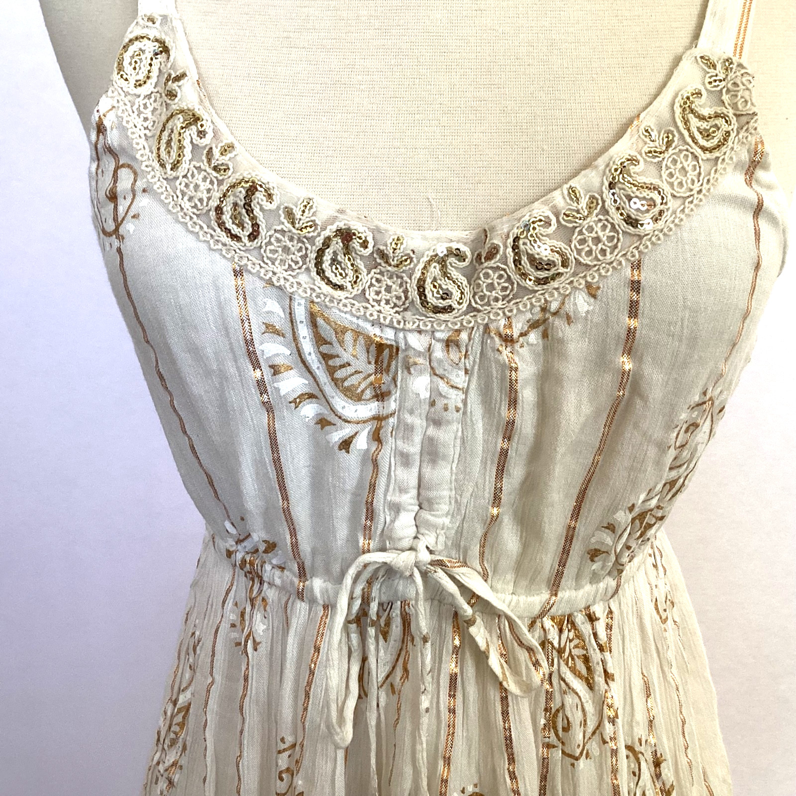 NWT Me 2 Magic Anthropologie Maxi Dress S Ivory Gold Lurex Smocked Embroidered