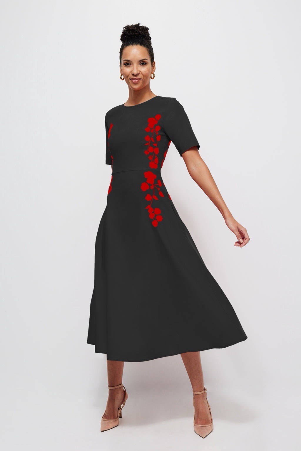 FANM MON Black Cotton Cherry Blossom Embroidery Short Sleeve Midi Dress NWT XS