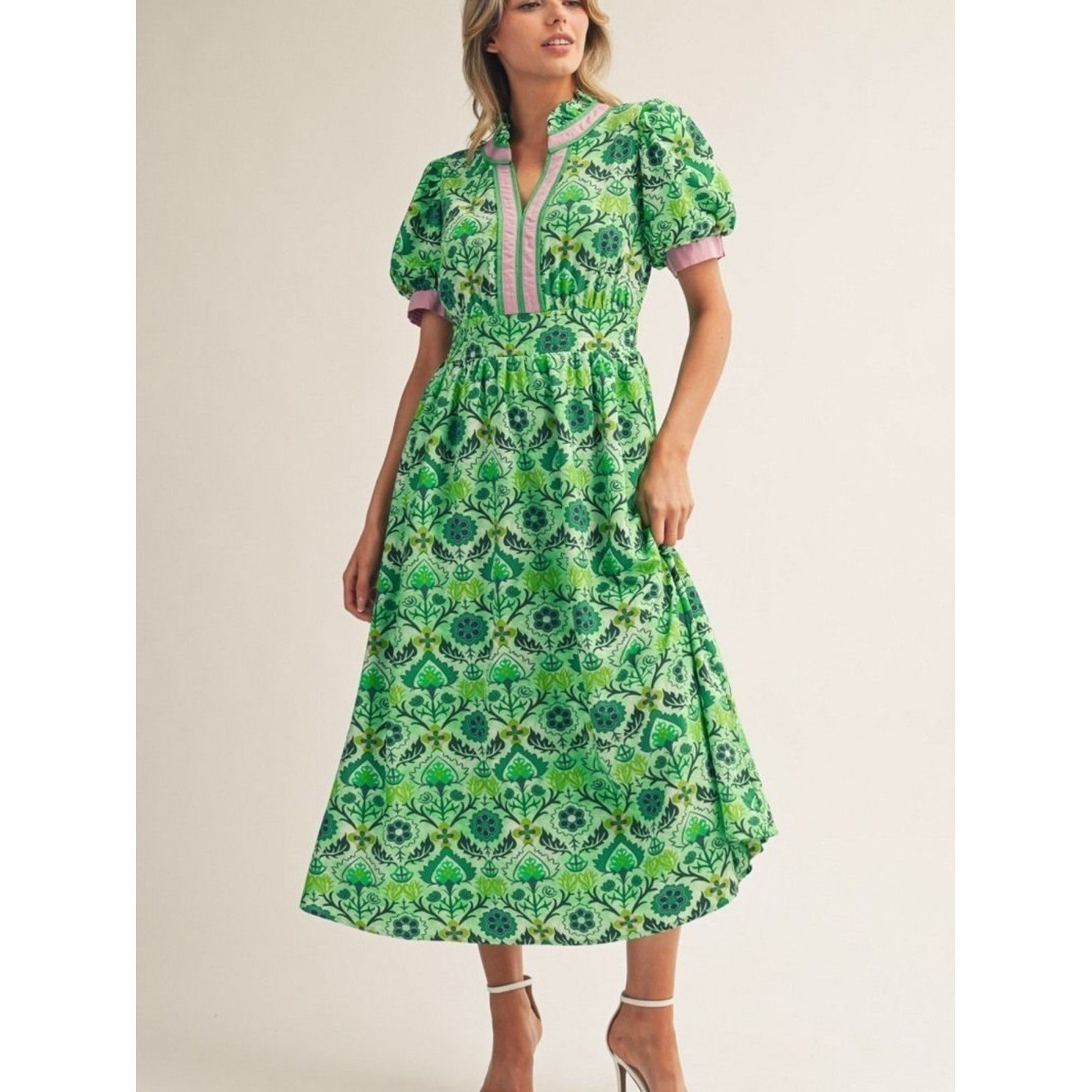 Jodifl Floral Cottagecore Midi Dress green pink NWT Small Southern Style B-9