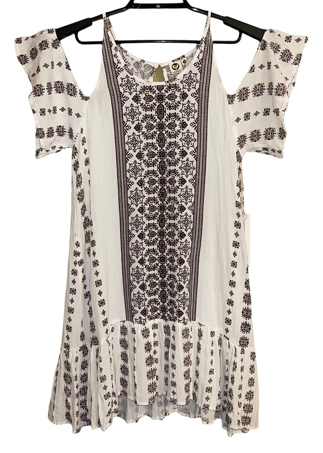 Lagaci Women Sand Dune Dress Med White Brown Cold Shoulder Boho Pleats NWT