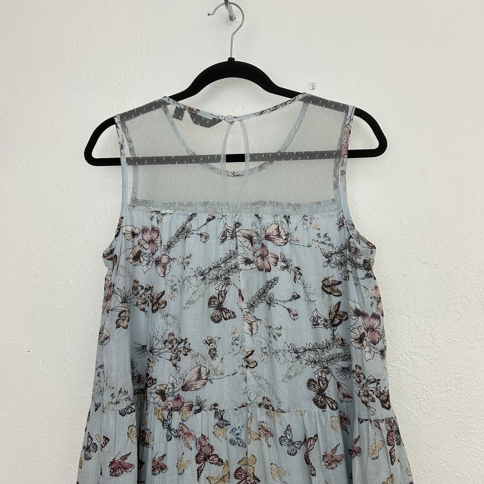 Mile Gabrielle Blue Butterfly Floral Tiered Dress Size S Lace Neck Sleeveless