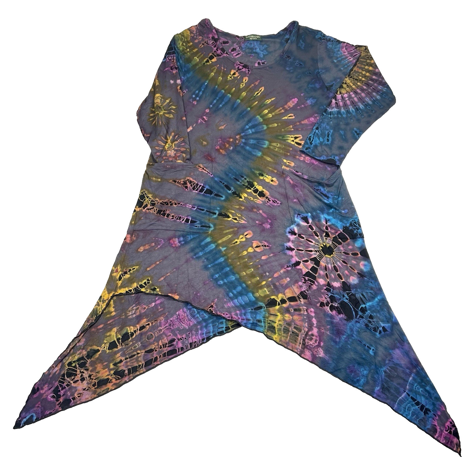 Kathmandu Imports Boho Tie Dye Asymmetric Dress Multicolor Festival Hippie L/XL