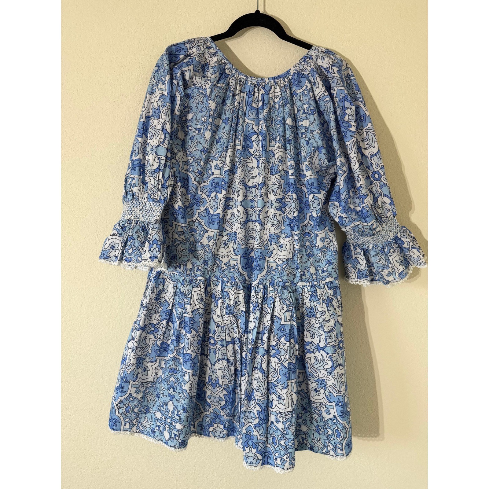 NWT Cartolina Nantucket Blue White Floral Cotton Tiered Mini Dress Sz M Cottage