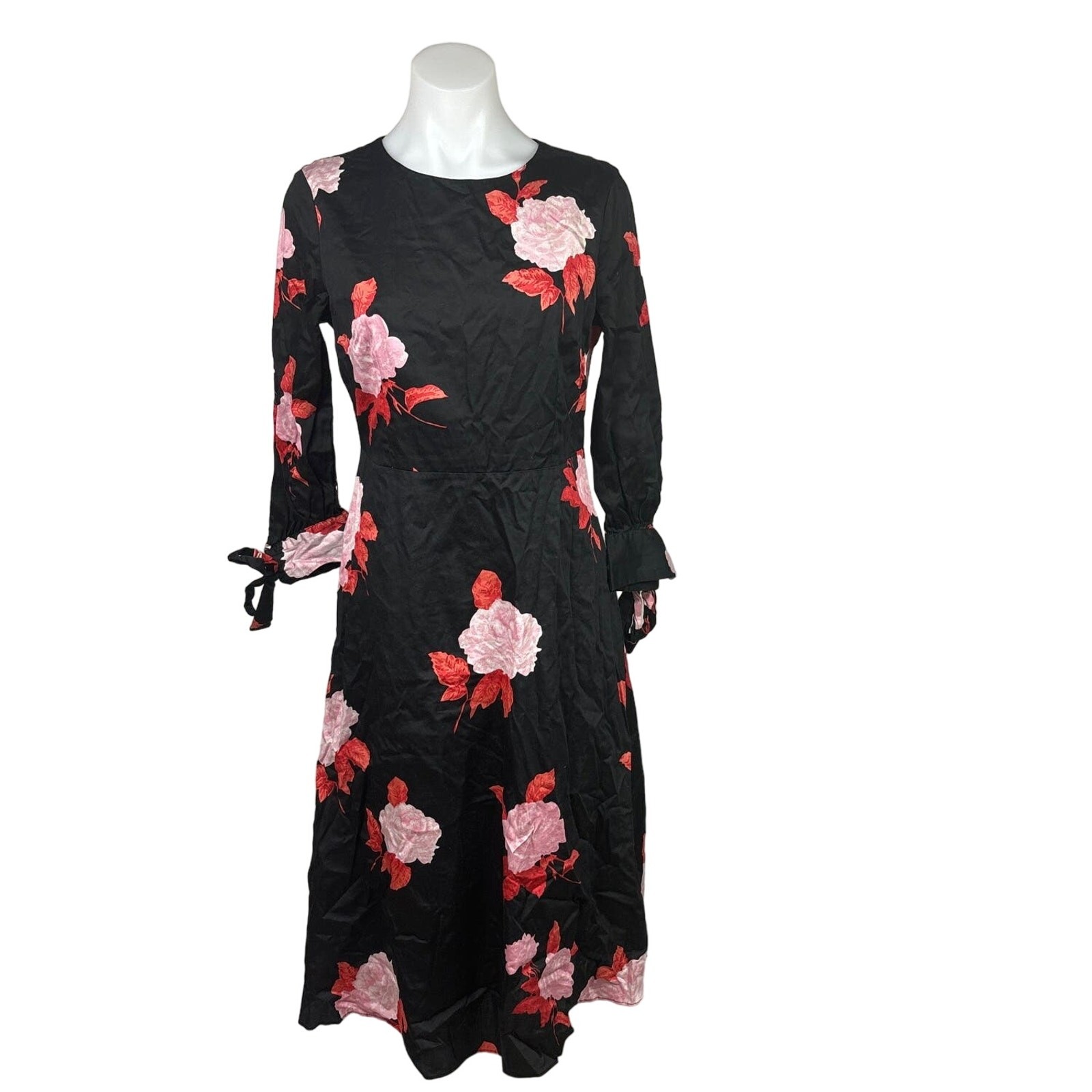 Who What Wear Black Rose Floral Print Long Sleeve A Line Formal Midi Dress Sz S
