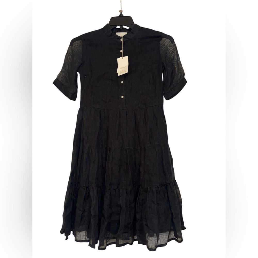 NWT BECASA 100% Linen Black Dress With Tiered mini short sleeve dress sz small